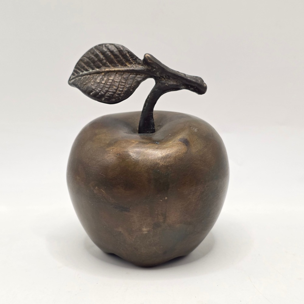 Vintage Brass Apple Paperweight Removable Stem Leaf Figurine MCM Office Decor